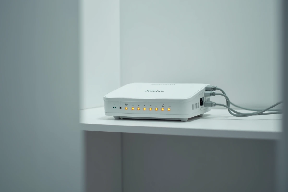 Gros plan sur les voyants LED d'une Freebox indiquant une erreur de connexion avec câbles fibre optique visibles