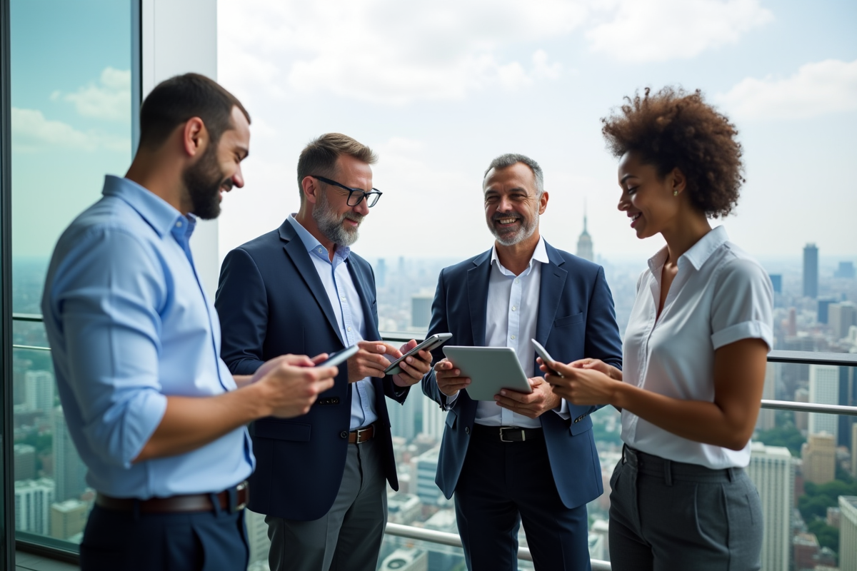 Groupe de collègues discutant sur un toit urbain
