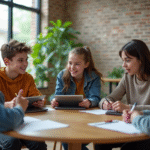 Jeunes adolescents en discussion dans une salle moderne