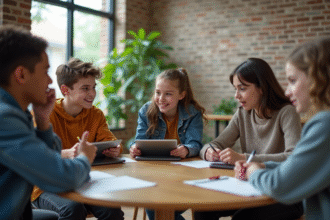 Jeunes adolescents en discussion dans une salle moderne