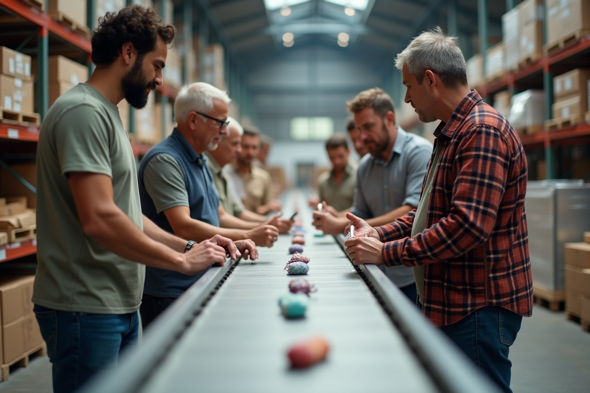 Groupe diversifié examinant des produits sur un convoyeur