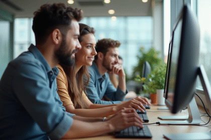Groupe d'étudiants divers travaillant ensemble dans un espace lumineux