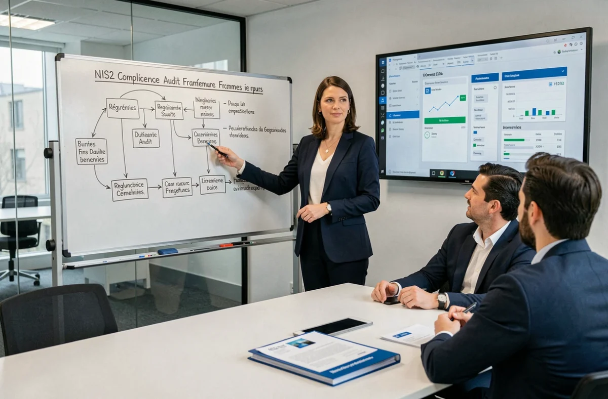 Auditrice du Groupe NECC présentant un cadre d'audit cybersécurité et de conformité NIS2 en salle de réunion