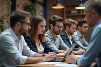 Groupe d'adultes divers en réunion de travail moderne