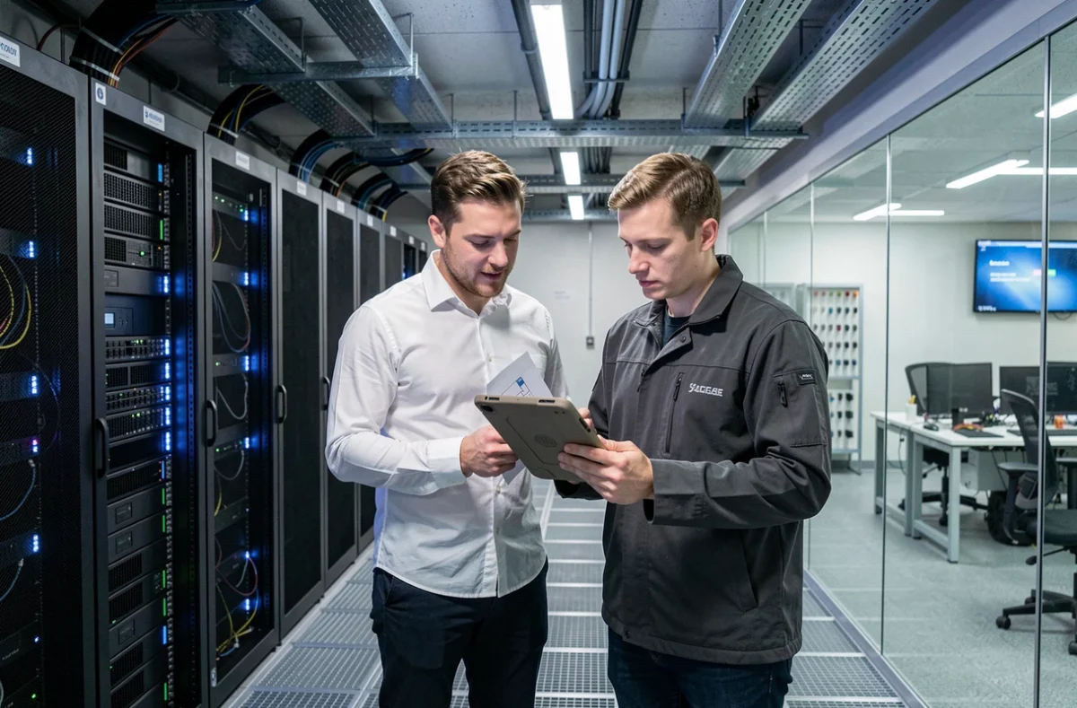 Deux ingénieurs Hextech analysant l'infrastructure réseau dans une salle serveurs à Mulhouse