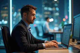 Homme d affaires concentré travaillant sur son ordinateur en bureau