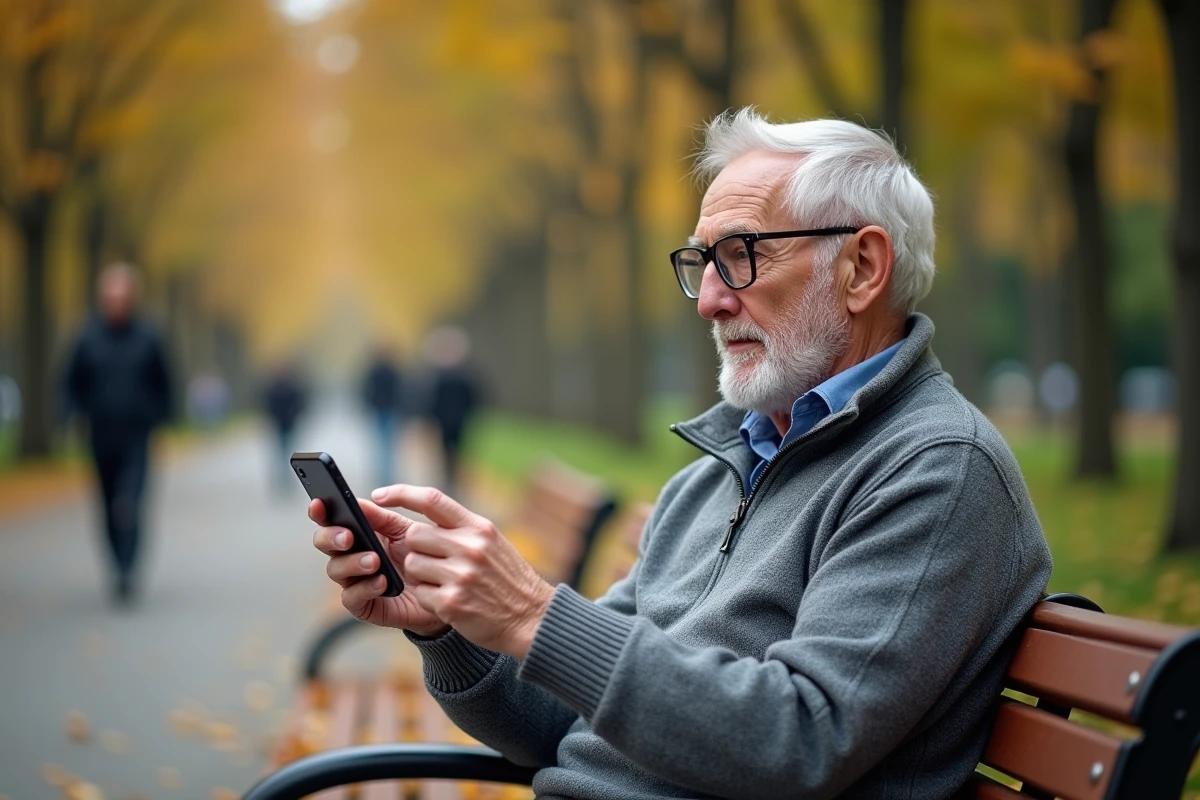 Un homme âgé avec des lunettes utilisant les grandes icônes d'un smartphone Samsung Galaxy dans un parc
