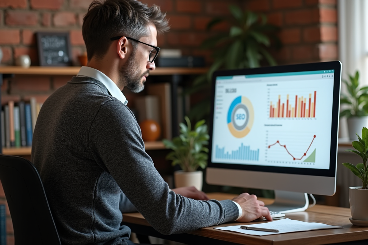 Homme analysant des graphiques SEO dans un bureau cosy