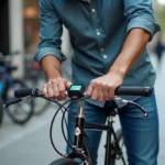 Homme attachant un dispositif Trackrstyle à son vélo en ville