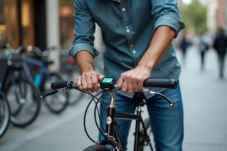 Homme attachant un dispositif Trackrstyle à son vélo en ville