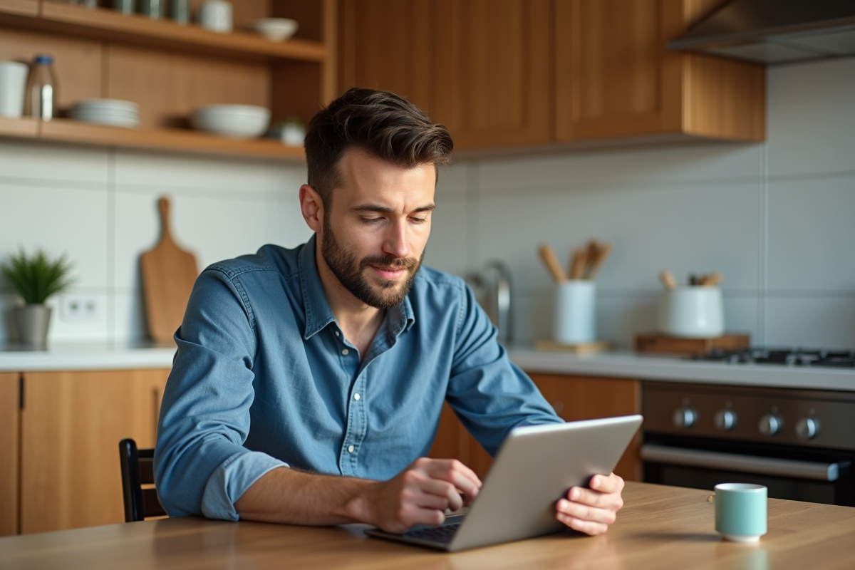 Homme détendu utilisant une tablette pour automatiser la maison