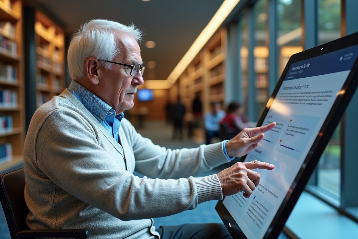 Homme âgé utilisant un écran tactile dans une bibliothèque
