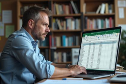 Homme d'âge moyen au bureau regardant un fichier Excel