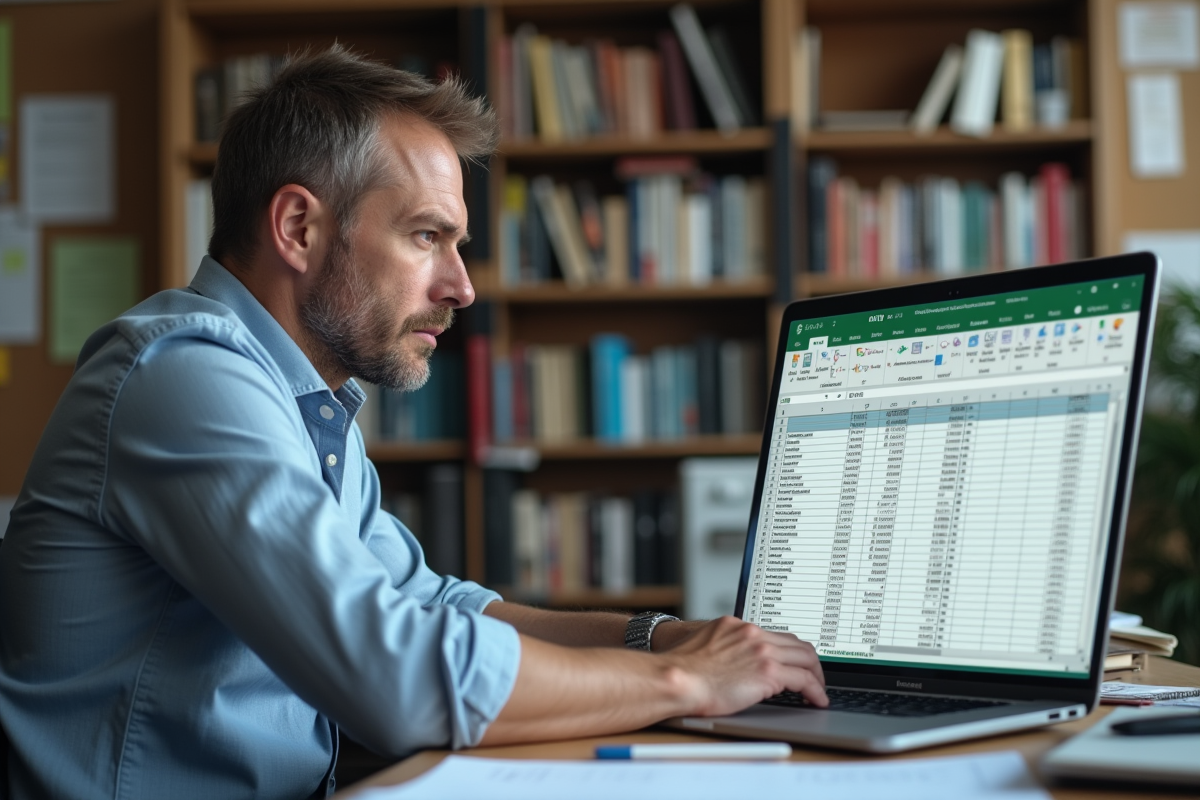 Homme d'âge moyen au bureau regardant un fichier Excel