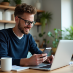 Homme en intérieur regardant son ordinateur et son smartphone