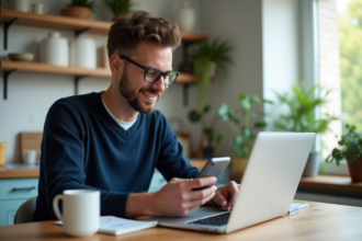 Homme en intérieur regardant son ordinateur et son smartphone