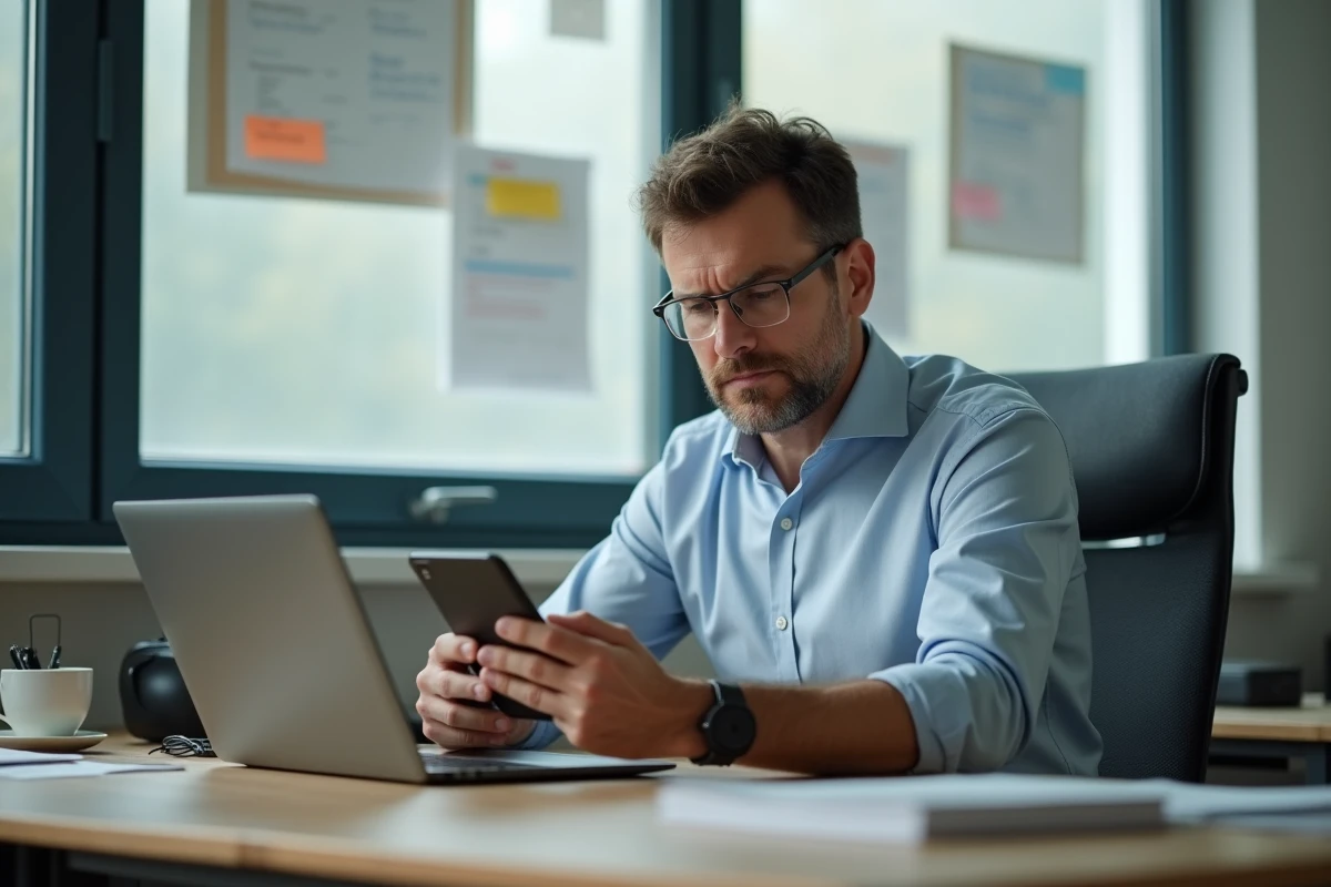 Homme d âge moyen vérifiant son smartphone au bureau