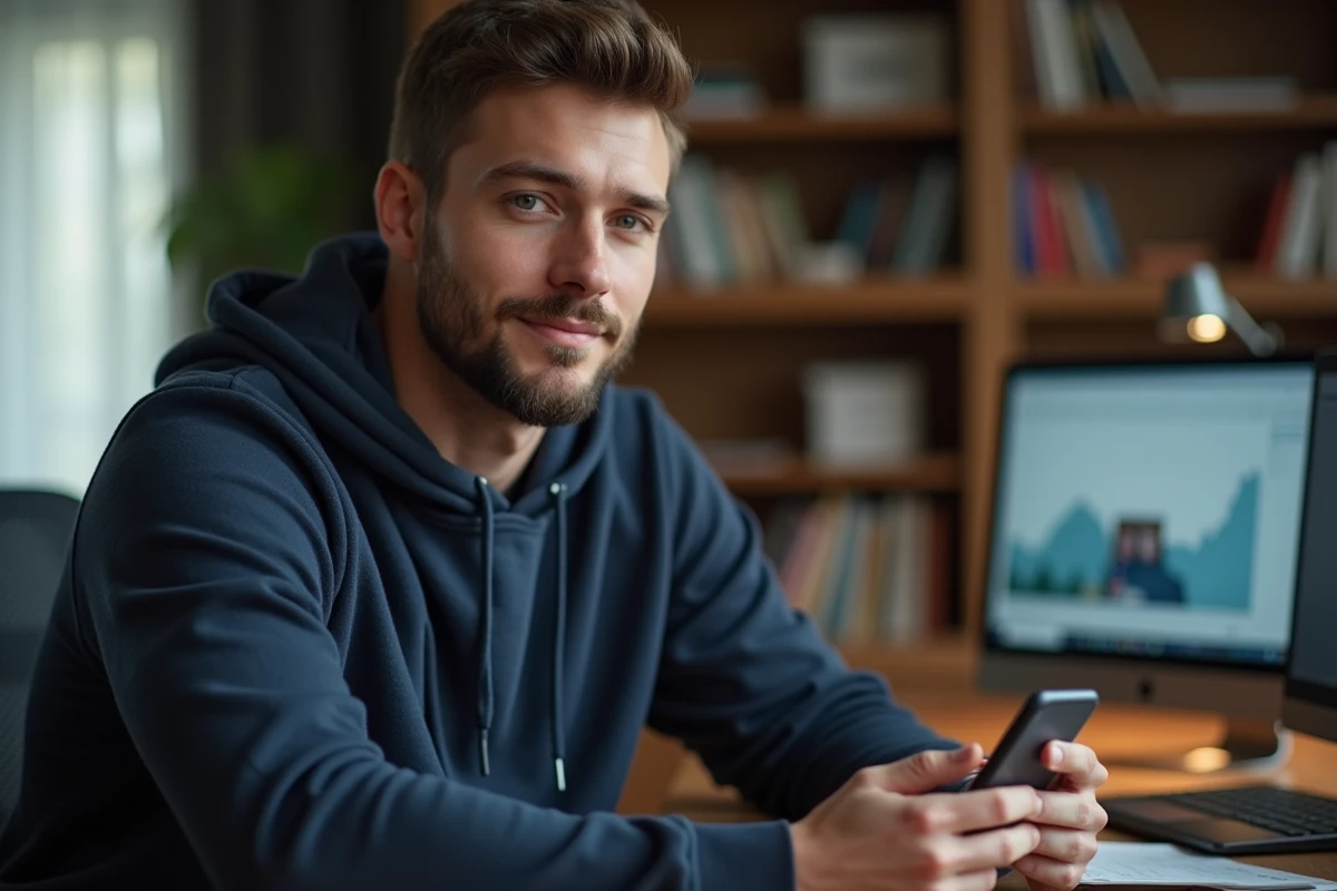Homme consultant WhatsApp sur son téléphone dans un bureau à domicile pour formater du texte en italique