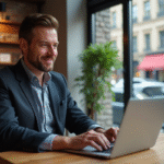 Homme d'âge moyen au café avec ordinateur portable en ville