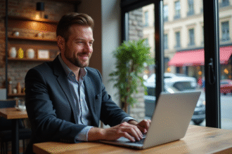 Homme d'âge moyen au café avec ordinateur portable en ville