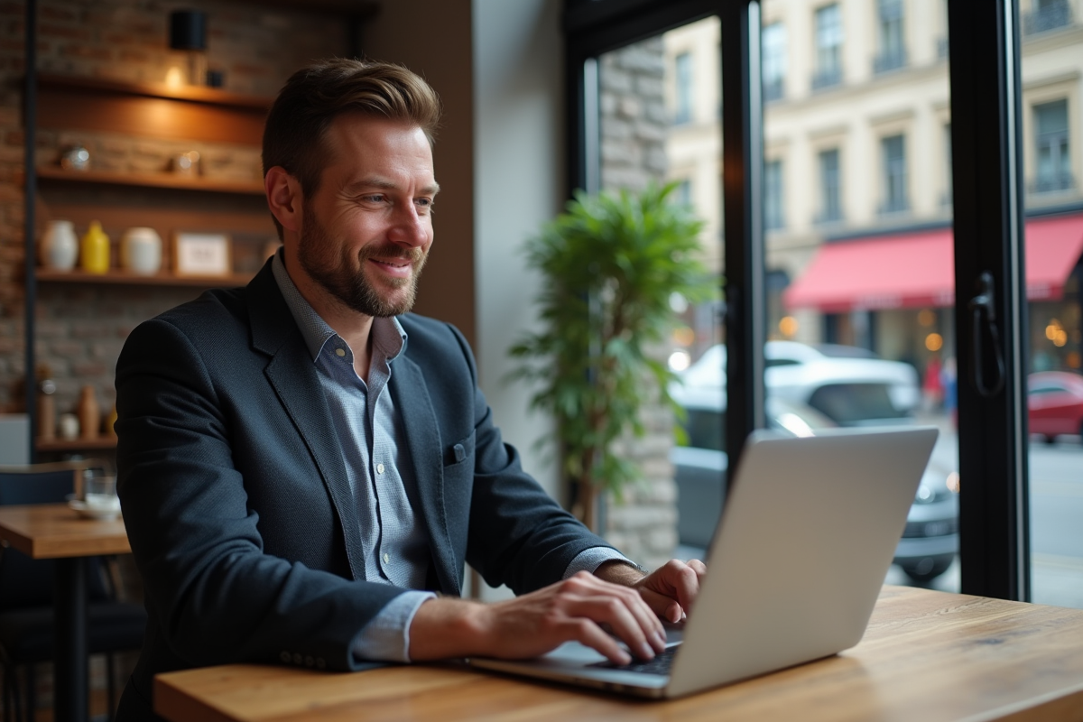 Homme d'âge moyen au café avec ordinateur portable en ville