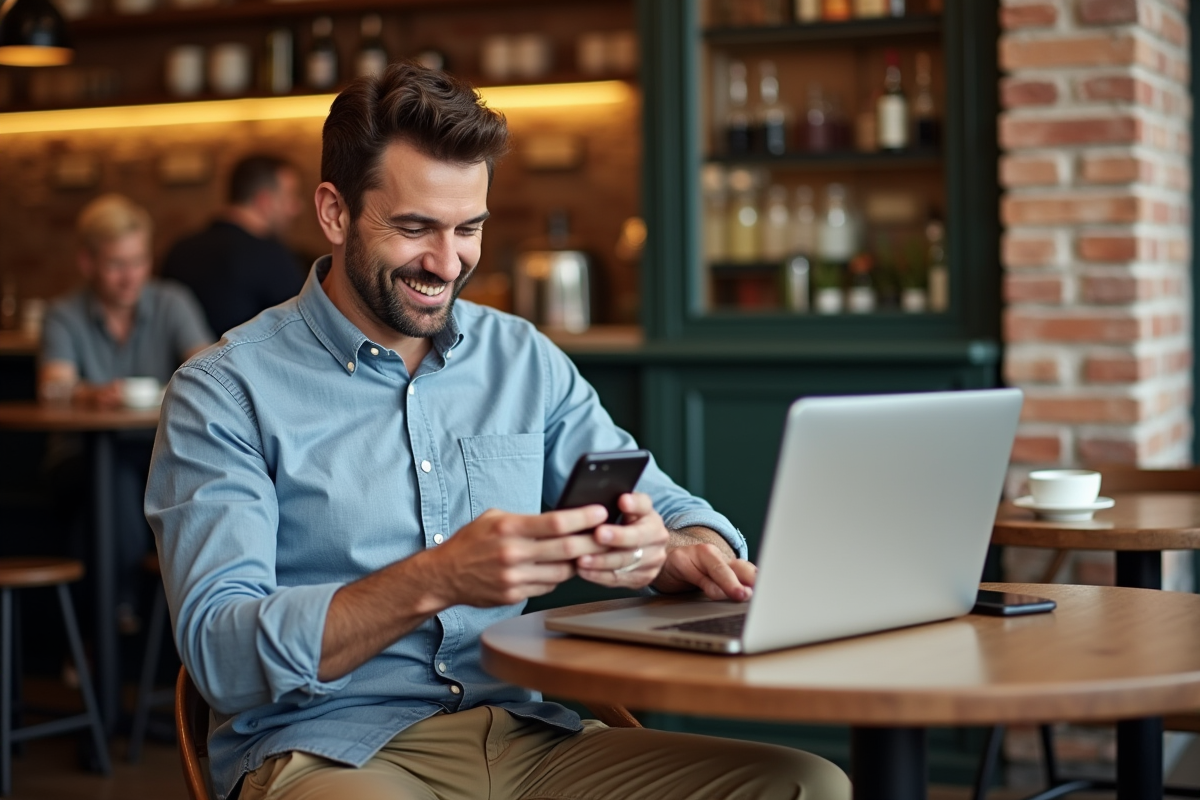 Homme au café consulte son calendrier sur smartphone