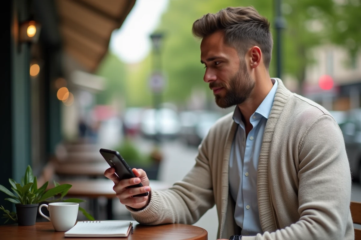Homme vérifiant le compteur de caractères dans un café en extérieur