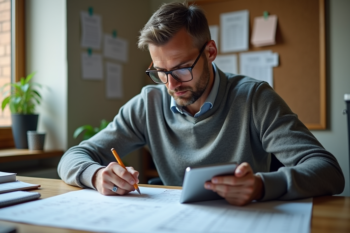 Homme d age moyen prenant des notes sur un tableau avec un tablette