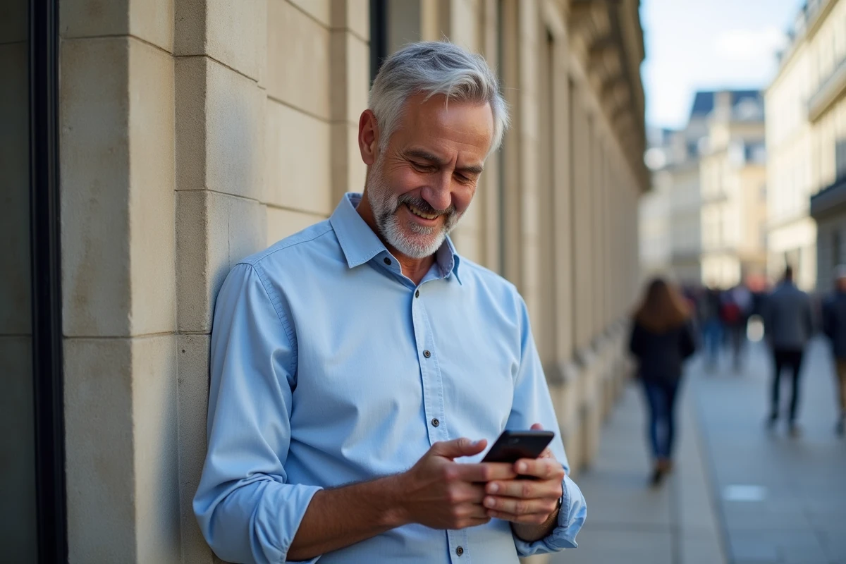 Homme souriant vérifiant son smartphone devant un bâtiment à Caen