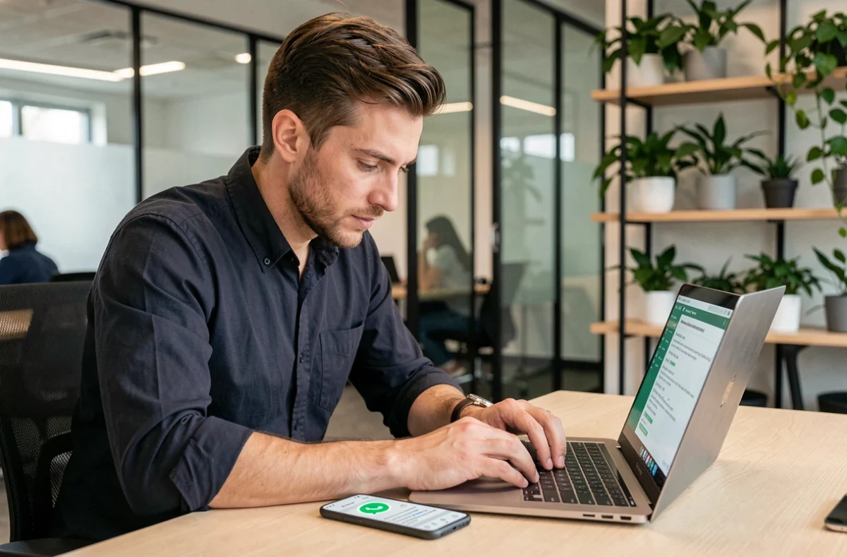 Homme en télétravail utilisant WhatsApp avec ChatGPT pour traduire des documents professionnels dans un espace de coworking moderne
