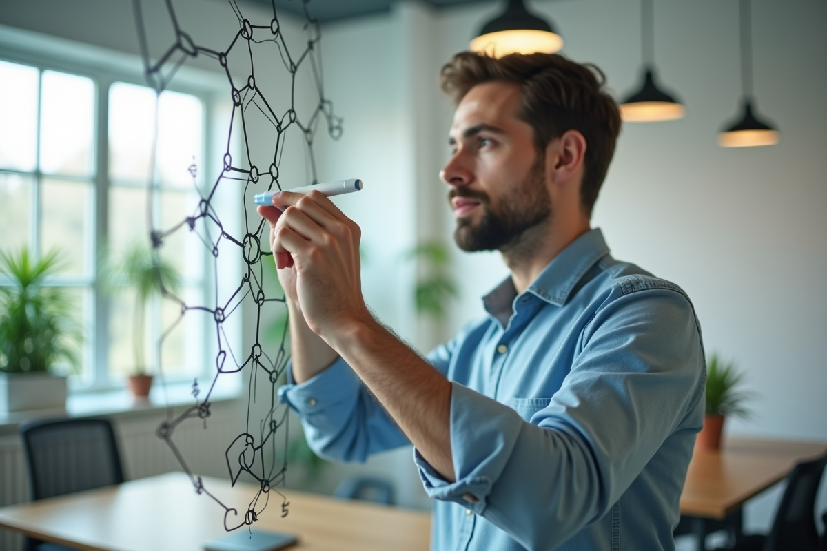 Homme esquissant un diagramme de flux numérique sur un tableau blanc