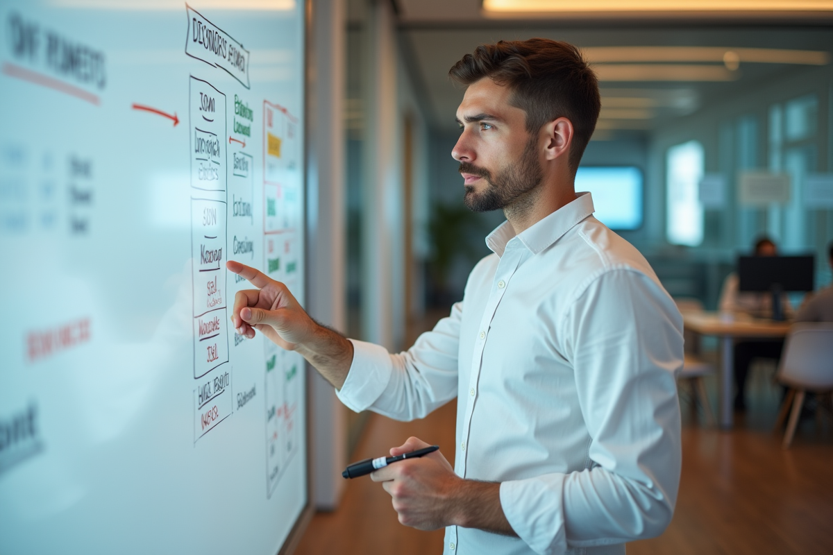 Homme en discussion expliquant des diagrammes SEO devant un tableau blanc