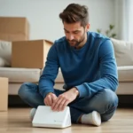Homme examinant le routeur WiFi dans un salon neuf