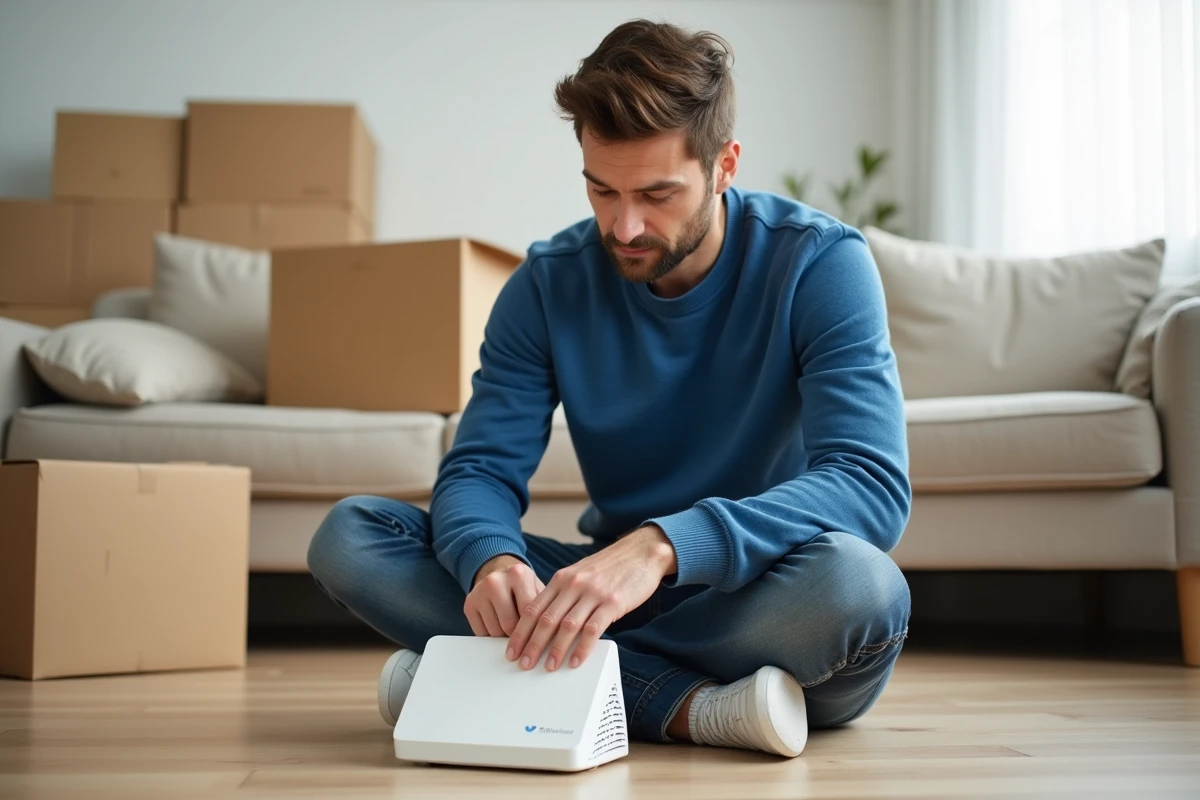 Homme examinant le routeur WiFi dans un salon neuf
