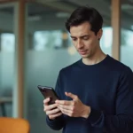 Un homme tenant un Google Pixel 8 Pro dans un bureau moderne, examinant l'écran avec attention et satisfaction