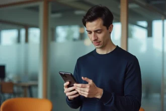 Un homme tenant un Google Pixel 8 Pro dans un bureau moderne, examinant l'écran avec attention et satisfaction