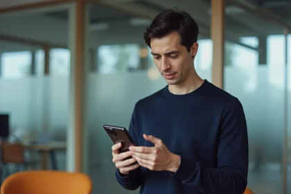 Un homme tenant un Google Pixel 8 Pro dans un bureau moderne, examinant l'écran avec attention et satisfaction