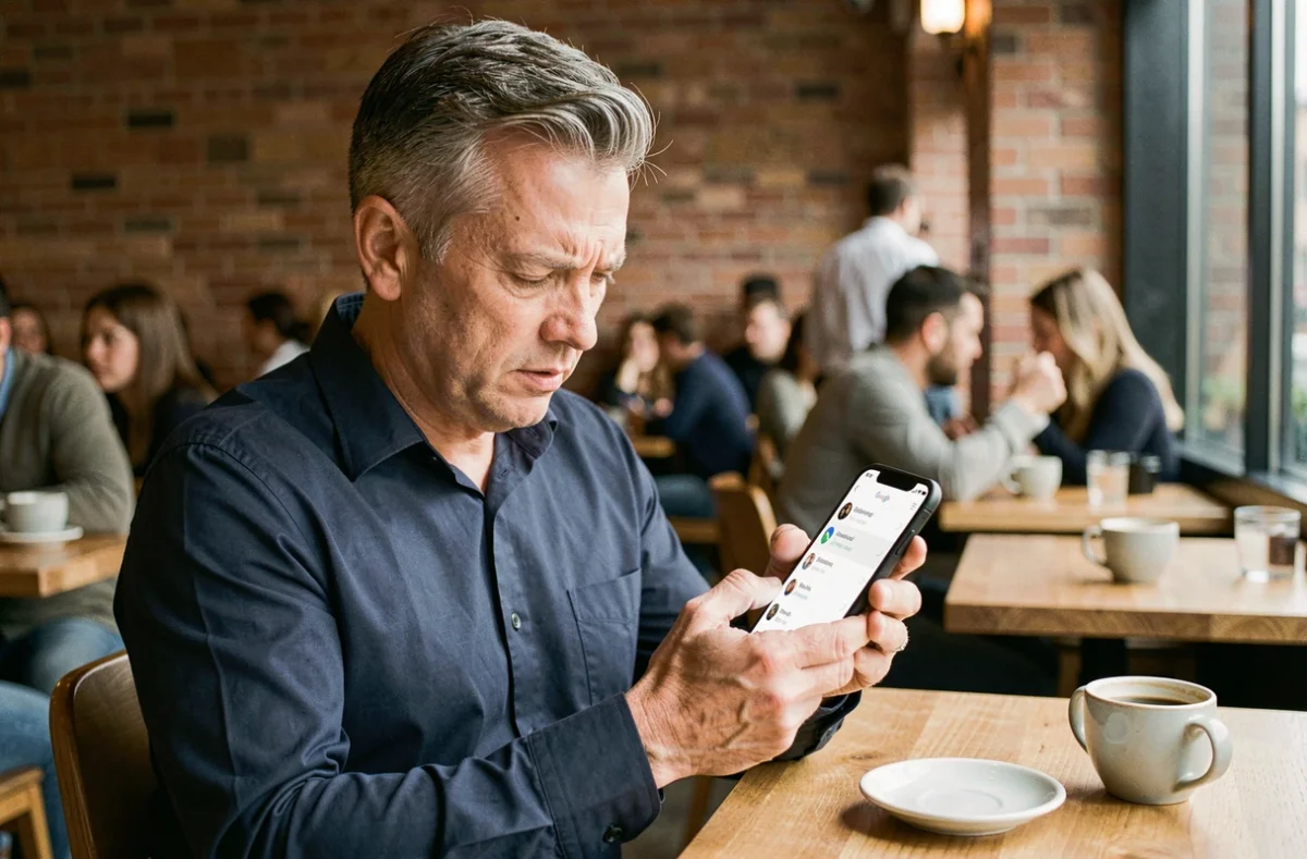 Homme vérifiant l'historique d'activité Google sur son smartphone dans un café moderne