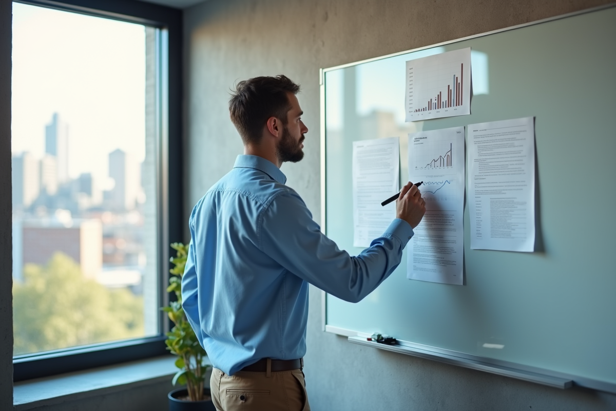 Homme écrivant des mots-clés devant un tableau blanc en milieu urbain