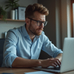 Homme inquiet regardant un message d'erreur sur son ordinateur