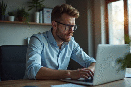 Homme inquiet regardant un message d'erreur sur son ordinateur