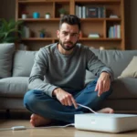 Homme regardant une box internet dans un salon cosy