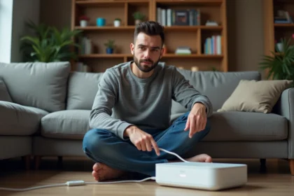 Homme regardant une box internet dans un salon cosy