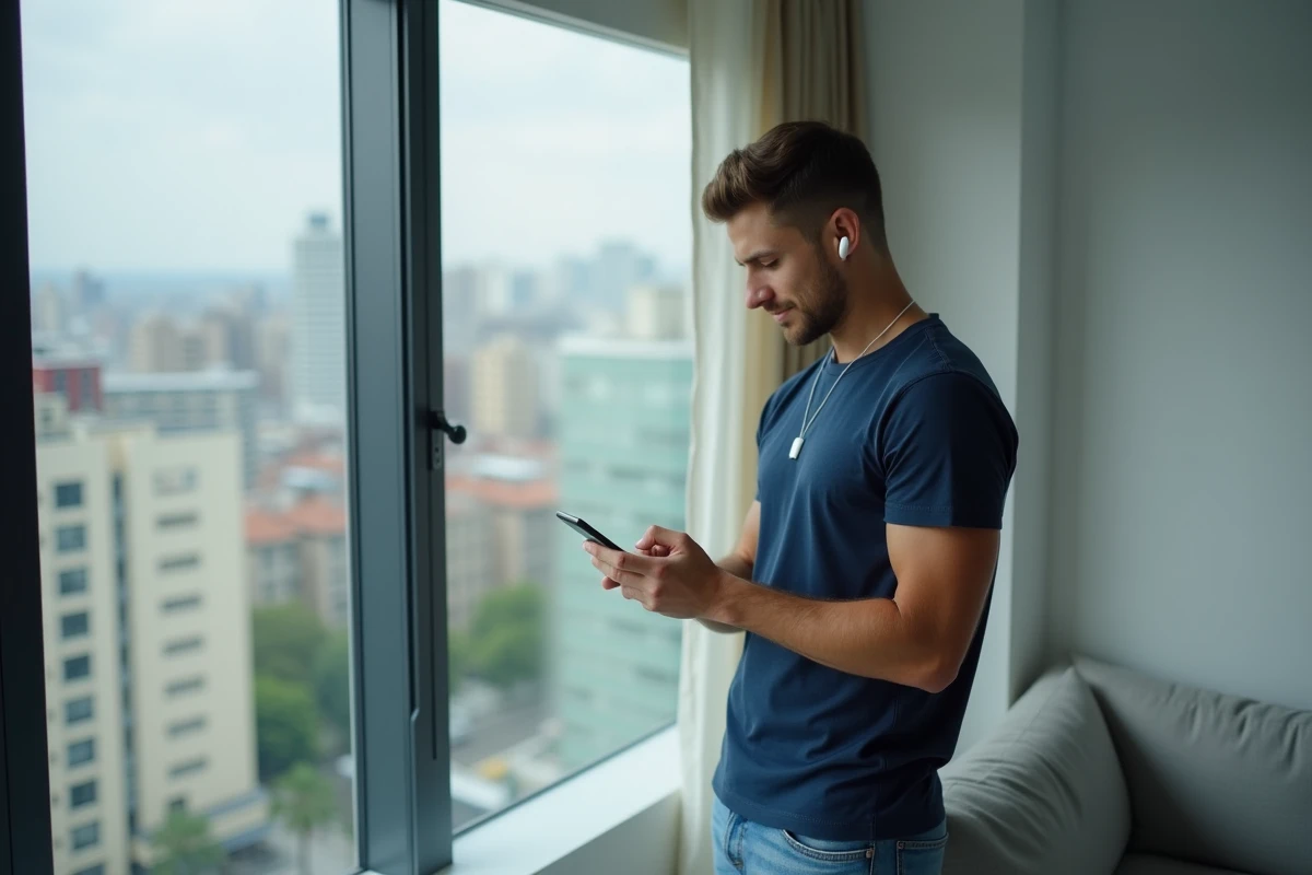 Homme utilisant son iPhone près d'une fenêtre pour télécharger et définir une musique en sonnerie légalement
