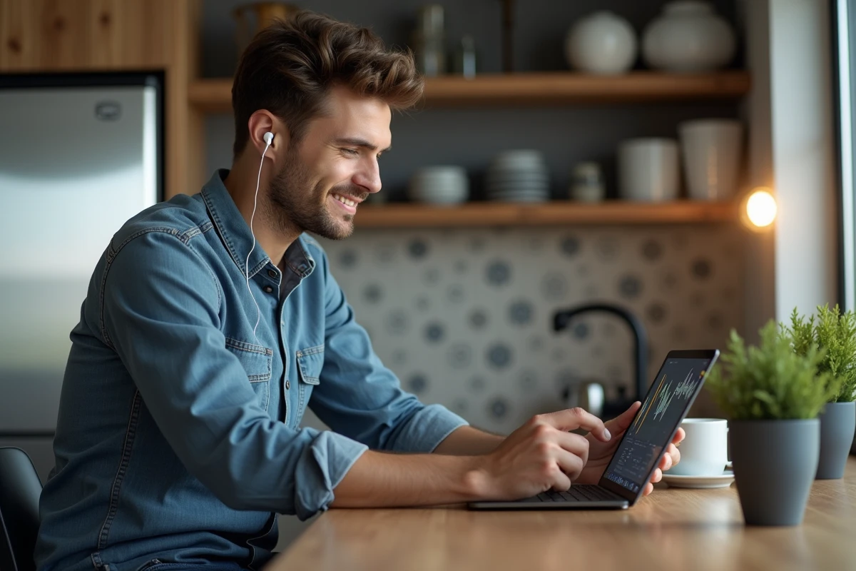 Homme écoutant musique en surveillant waveform dans la cuisine