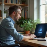 Homme concentré devant un ordinateur avec un routeur dans un bureau lumineux