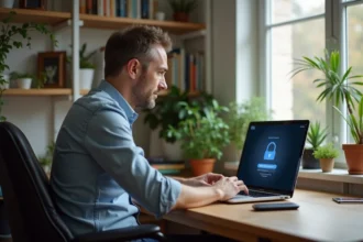 Homme concentré devant un ordinateur avec un routeur dans un bureau lumineux
