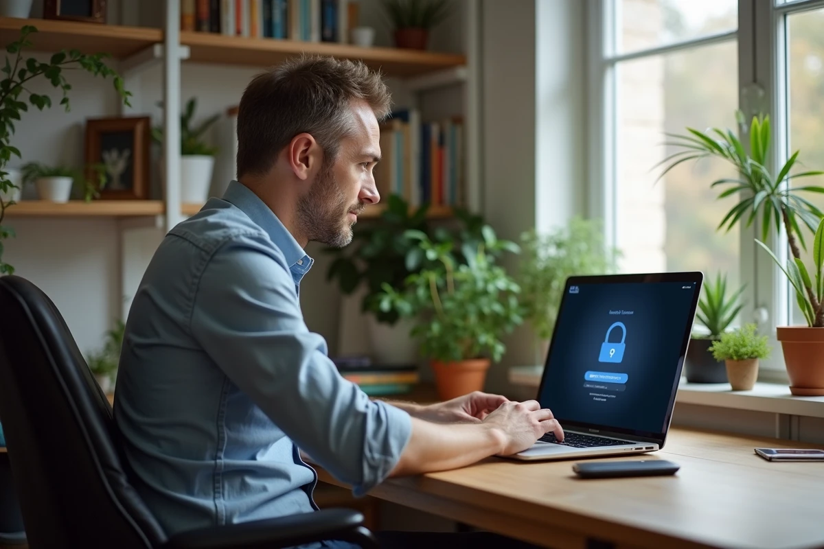 Homme concentré devant un ordinateur avec un routeur dans un bureau lumineux