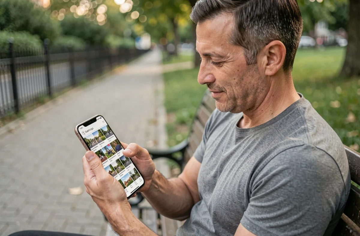 Homme dans un parc urbain consultant sa galerie photo sur un Samsung Galaxy S25 Ultra avec grande capacité de stockage