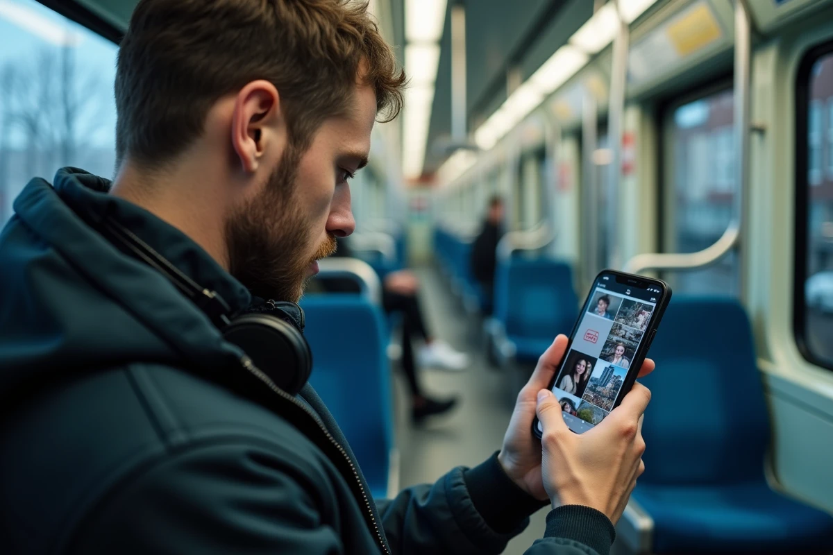 Homme consultant ses photos hors connexion sur smartphone dans le métro